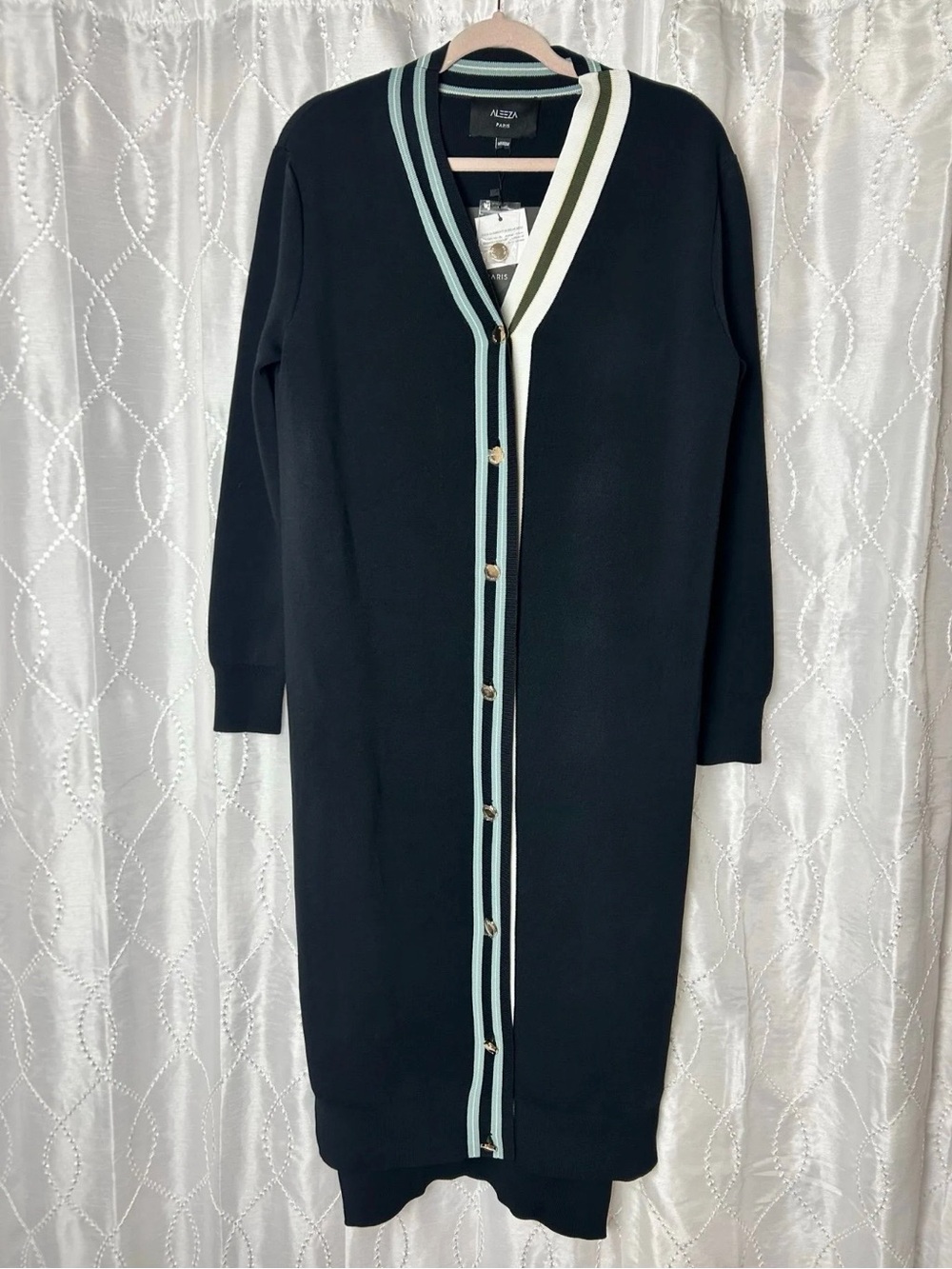 Aleeza Paris Black Cardigan with Mint and Cream Striped Trim